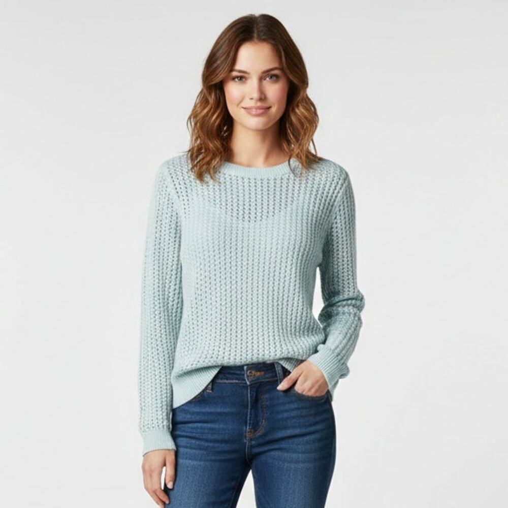 Ann Taylor LOFT Womens Medium Aqua Blue Open Knit Cotton Blend Crew Neck Sweater